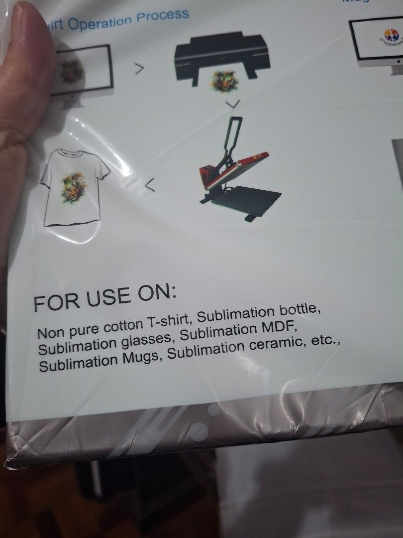Quaff A4 Sublimation Transfer Paper (Category: Other Stationery & Craft) located in Quezon City. Submitted by corgi1231 (Listing ID 1451967713, Image 3). Description: Never used, wrong order 100 sheets 100 gsm Use on shirts, metallic cups, mugs and ceramic items Location Commonwealth, Quezon City.