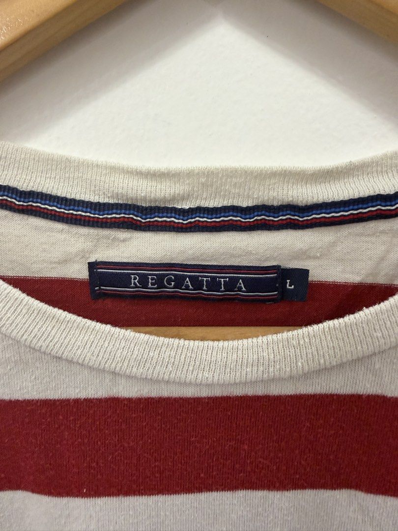 REGATTA Red & Off-White Striped Crewneck Tee (L) (Category: Tshirts & Polo Shirts ) located in Taguig. Submitted by chrisern35 (Listing ID 1452046287, Image 3). Description: Classic crimson red and off-white horizontal striped short-sleeve shirt from Regatta. Features the iconic embroidered crossed-oars logo on the chest. Great casual piece for preppy, nautical, or relaxed everyday outfits. Brand: REGATTA Size: Tagged Large (L) Color: Red / Off-W