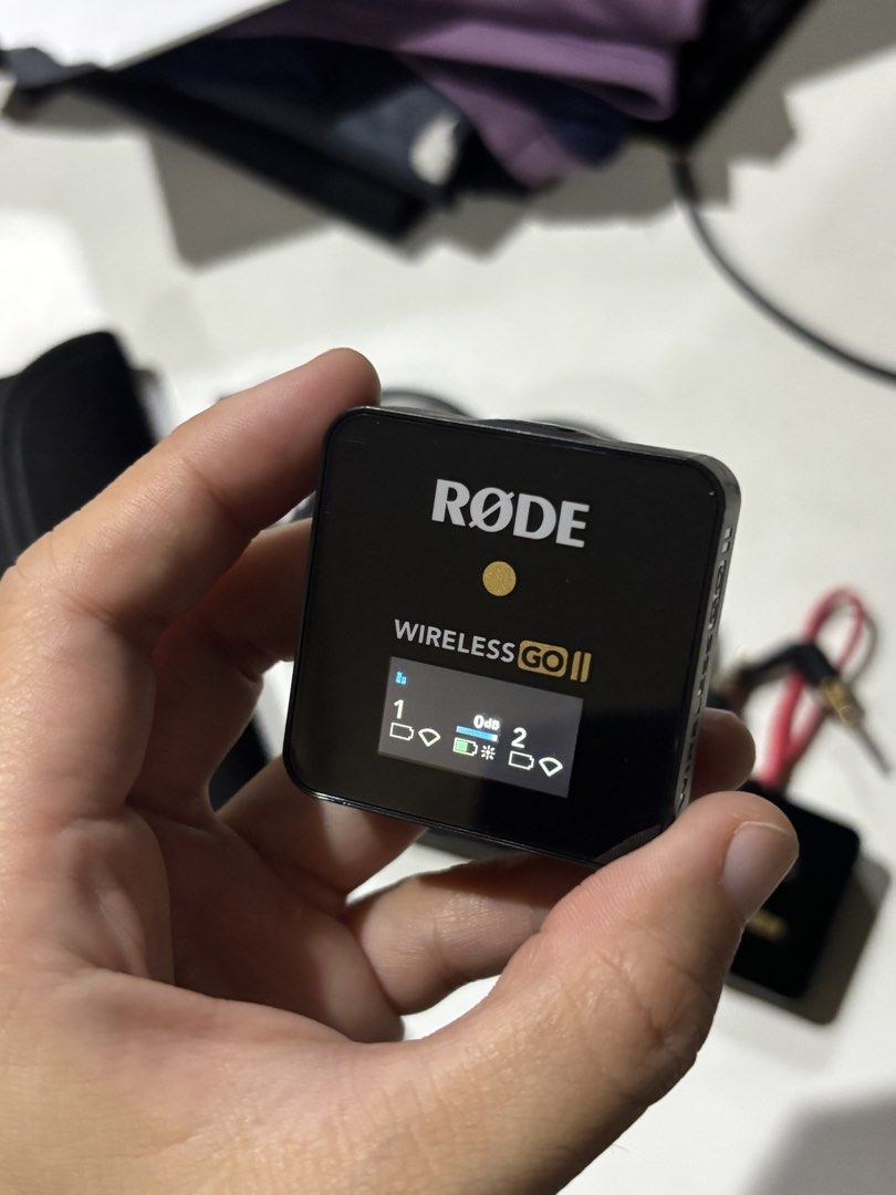 Rode Wireless GO II Dual Channel Wireless Microphone System (Category: Microphones) located in Marikina City. Submitted by jinellegan (Listing ID 1452011647, Image 2). Description: - Rode Wireless GO II Microphone System - Includes: 2 Transmitters, 1 Receiver - Accessories: Charging Cable, Furry Windshield - Comes with a convenient carrying pouch - Ideal for vlogging, interviews, and content creation - Tested and confirmed working.