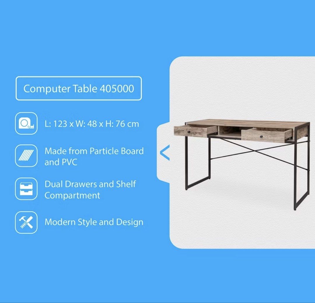 San-Yang Furniture Computer Table (Pre Owned (Category: Tables & Sets) located in Kabankalan. Submitted by dvncwill (Listing ID 1452088784, Image 3). Description: - Brand: San-Yang - Model: 405000 - Dimensions: 123cm (L) x 48cm (W) x 76cm (H) - Material: Particle Board & PVC - Features: Dual drawers, shelf compartment - Style: Modern - Ideal for: Workspace, home office.