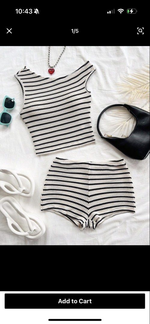 Striped Crochet Crop Top and Shorts Set (Category: Sets or Coordinates) located in Manila. Submitted by erikateee (Listing ID 1452067253, Image 1). Description: size small never been used !.