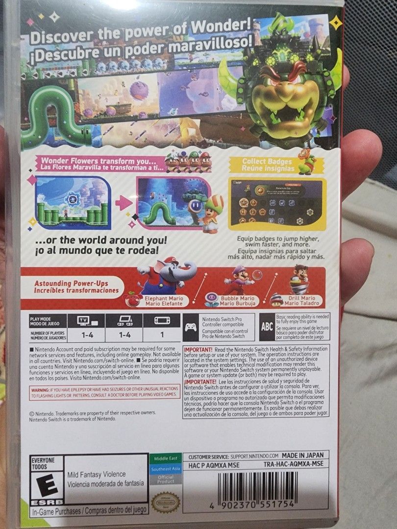 Super Mario Bros. Wonder Nintendo Switch Game (Category: Nintendo) located in Caloocan City. Submitted by erreiv (Listing ID 1452103330, Image 3). Description: - Super Mario Bros. Wonder for Nintendo Switch - Play as Mario, Luigi, Peach, and Daisy - Explore exciting new worlds - Collect Wonder Flowers for surprising transformations - Utilize new power-ups and abilities - Fun for the whole family.