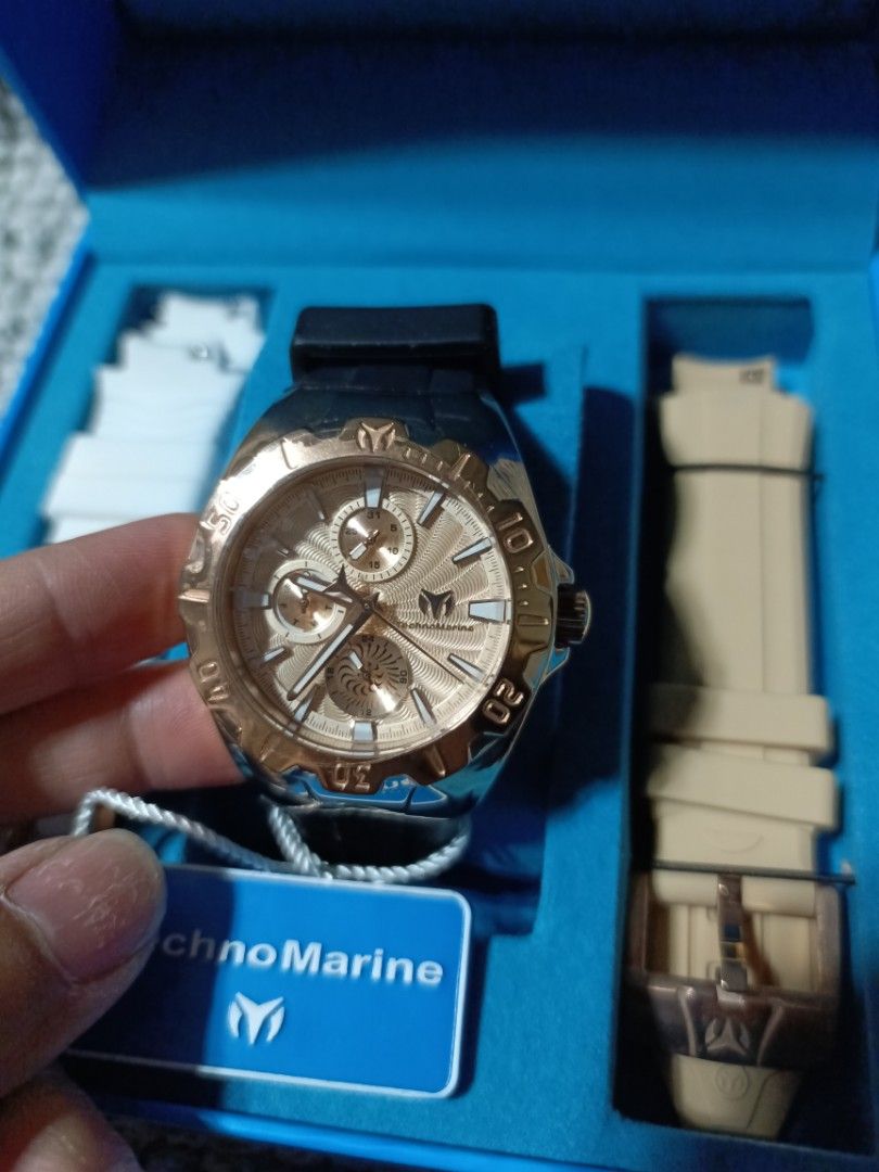 TechnoMarine Rose Gold Chronograph Watch with Extra Straps (Category: Women's Watches) located in Subic. Submitted by addiestrend (Listing ID 1452063491, Image 3). Description: - TechnoMarine Chronograph Watch - Rose Gold Tone - Black Rubber Strap - Includes 2 Additional Straps: White & Tan - All Original Packaging Included - Ideal for Watch Enthusiasts This is new, sinukat lang. bought from US Please note that shipping is scheduled every Monday 