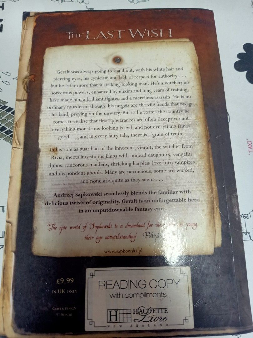 The Last Wish, the Witcher series (Category: Storybooks) located in Mandaluyong City. Submitted by miyakiko (Listing ID 1452029062, Image 2). Description: Selling the Last Wish by Andrzej Sapkowski is the essential first book in The Witcher fantasy series. Published in 1993, it is structured as a collection of fantasy short stories rather than a single linear novel. It introduces the core world, the mechanics of witchers, and major franchise char