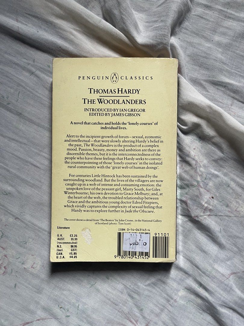 The Woodlanders by Thomas Hardy Penguin Classics (Category: Storybooks) located in Bulacan. Submitted by keen72811 (Listing ID 1451971374, Image 3). Description: - Penguin Classics edition of The Woodlanders by Thomas Hardy. - Introduced by Ian Gregor, edited by James Gibson. - A novel exploring individual lives. - Perfect for classic literature fans. - Pages show age with yellowing. - Spine has some wear..