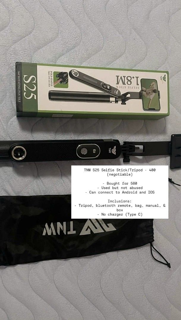TNW S25 Selfie Stick Tripod (Category: Tripods & Monopods) located in Rizal. Submitted by magi_declutters (Listing ID 1451904664, Image 1). Description: TNW S25 Selfie Stick/Tripod - 400 (negotiable) - Bought for 580 - Used but not abused - Can connect to Android and IOS Inclusions: - Tripod, bluetooth remote, bag, manual, & box - No charger (Type C).