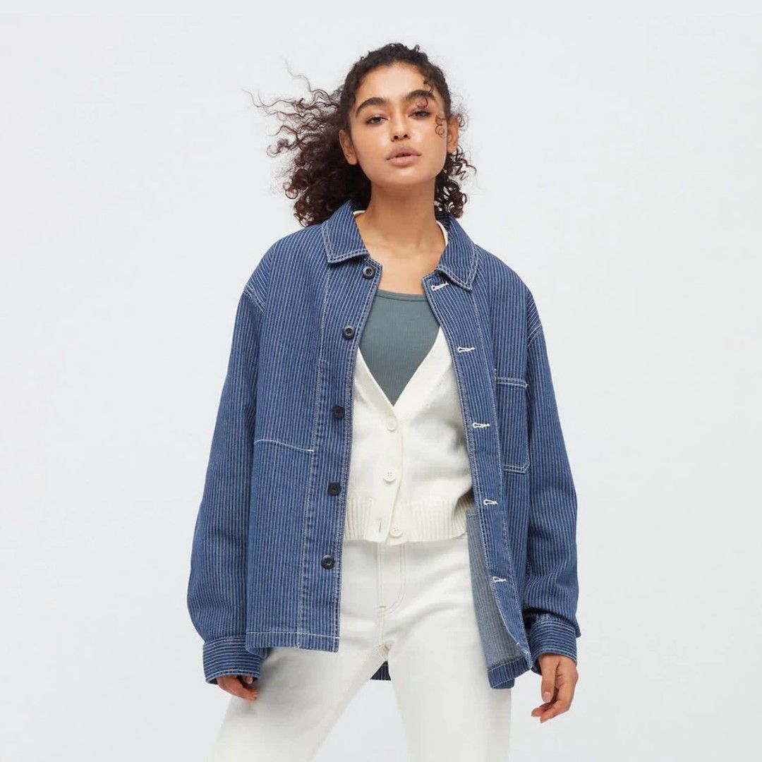 UNIQLO Striped Denim Work Shirt (Category: Coats, Jackets and Outerwear) located in Quezon City. Submitted by oldturnedtogold (Listing ID 1451928926, Image 2). Description: UNIQLO Striped Denim Work Shirt Unisex Size Large Blue Shoulder Width - 29.5" Body length - 28.5" Chest Width - 23" Sleeve Length - 23.5" Details: - Stretchy and comfortable denim material - Made of a lighter denim than regular denim jackets so it is lighter and more comfortab