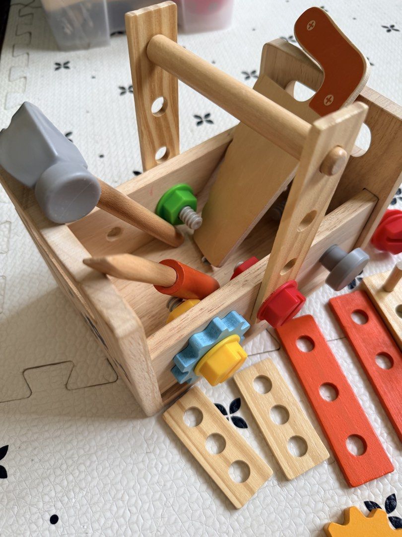 Wooden Play Tool Set (Category: Infant Playtime) located in Paranaque City. Submitted by sweetiesarah01 (Listing ID 1451928983, Image 1). Description: Missing wrench Signs of usage.