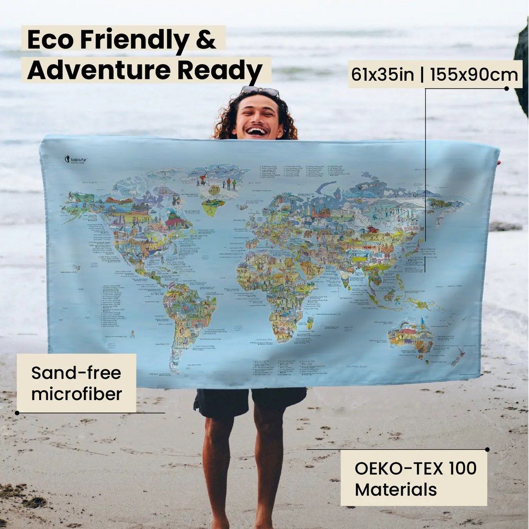 World map Towel,Microfiber Beach Towel Fast Drying, 63" x37@ Sand Free Beach Towel Super Lightweight Towels for Swimming Pool, Camping, Picnic, Yoga Gym Sports (World-map) 世界地圖毛巾，超細纖維沙灘巾，速乾，63英寸 x 37英寸，防沙沙灘巾，超輕便，適用於游泳池、露營、野餐、瑜伽、健身房運動 （分類：床具浴巾）位於 Hong Kong。 由 lee_go 提交（商品編號 1451991060，圖片 1）。簡介： 。
