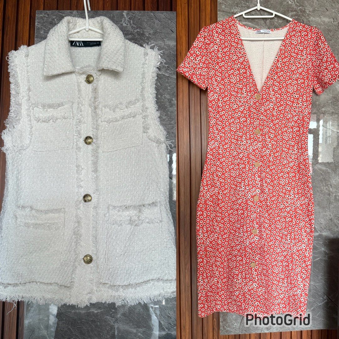 ZARA Dress Take all ( Tweed/Midi) (Category: Dresses) located in Marikina City. Submitted by declutter_keni24 (Listing ID 1452007111, Image 1). Description: 💕ZARA midi dress with a red orange base and a white floral print. Short sleeves and a V-neckline. Buttons run down the front. Fitted silhouette. Great for casual outings or dressing up. 💕ZARA Tweed Mini Dress with gold accent buttons.You can style it with bottoms ,shorts or trousers. Perfec