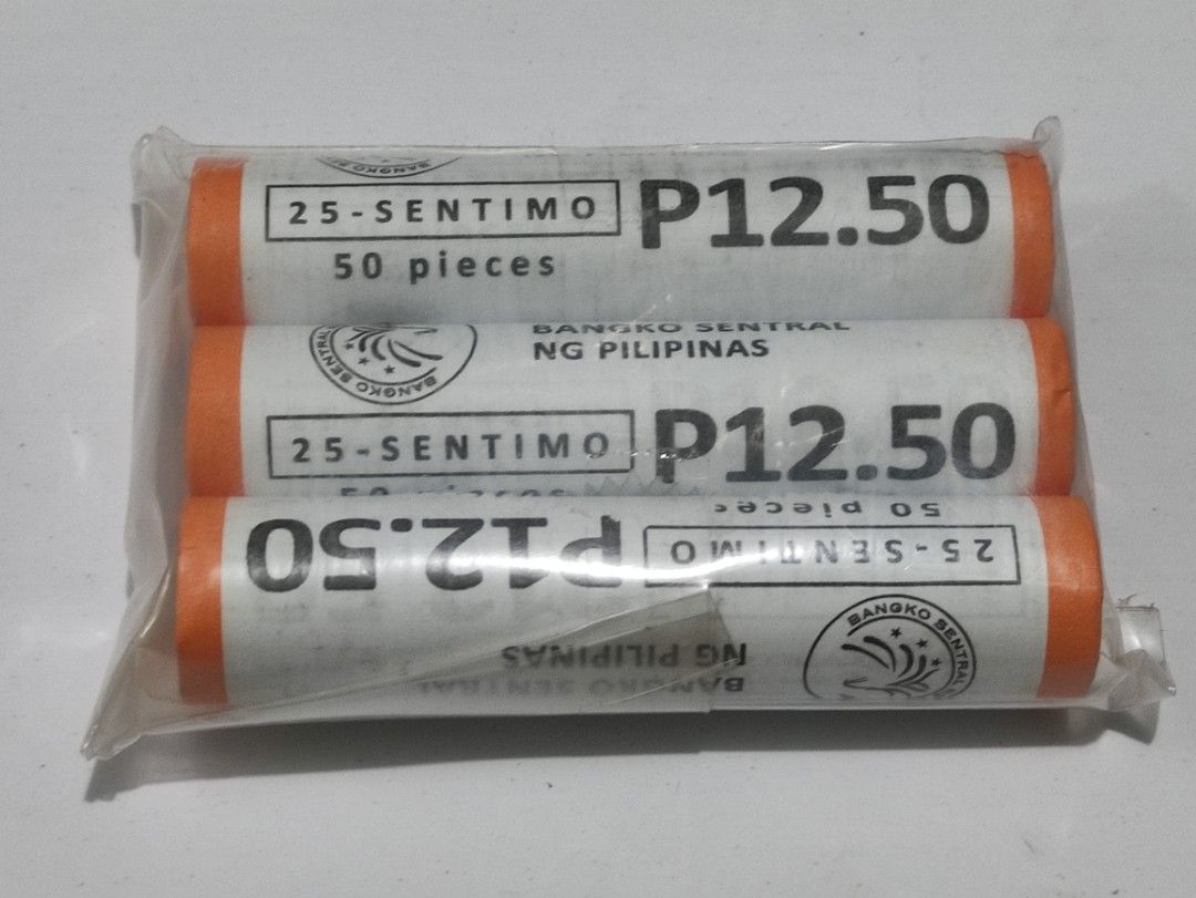 3pcs 25 Sentimo BSP Series Coin Rolls (Category: Currency) located in Lipa City. Submitted by mark_collections (Listing ID 1452154239, Image 1). Description: 3pcs 25 Sentimo BSP Series Coin Rolls Mode of Payment: Gcash.
