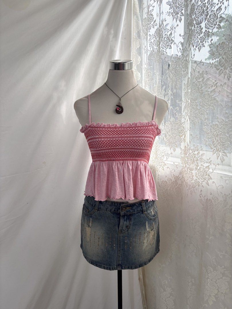 6ixty 8ight pink smocked peplum top (Category: Sleeveless) located in Pateros City. Submitted by threadedtogether (Listing ID 1452317620, Image 2). Description: best fits: xs-m | b28-36 ✿ m on tag ✿ 100% cotton [mannequin size s-m | b34” | w26” | h34” ] 💌 dm for questions and additional measurements 📦 J&T or SDD ⭐ first to pay basis.