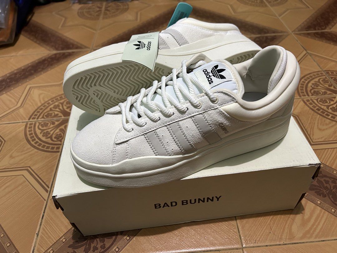 Adidas x Bad Bunny Campus Sneakers (Category: Sneakers) located in Pasig City. Submitted by tatzzzz (Listing ID 1452236940, Image 1). Description: 1pc Adidas Bad Bunny Men Color: White Size : EU 43 Nego if kukunin agad Php 1,800 Pick up or Courier Gcash or Bank Transfer Location: Santolan, Pasig.