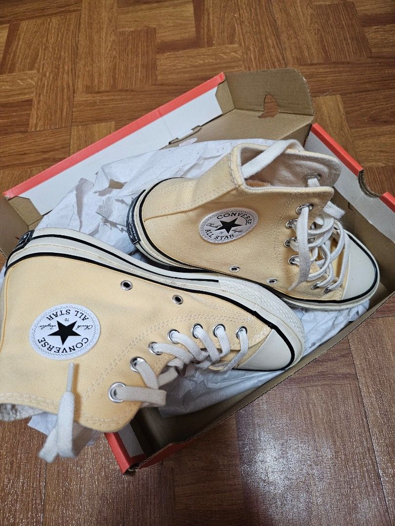 Authentic Converse Chuck 70 Hi (Category: Sneakers) located in Calamba. Submitted by pinterestycloset (Listing ID 1452117565, Image 2). Description: Brandnew Converse Chuck 70 Hi color: sunny oasis/ egret unisex size: 23cm not used at all too big for me discount for sure buyer first to pay basis/ no reservations .