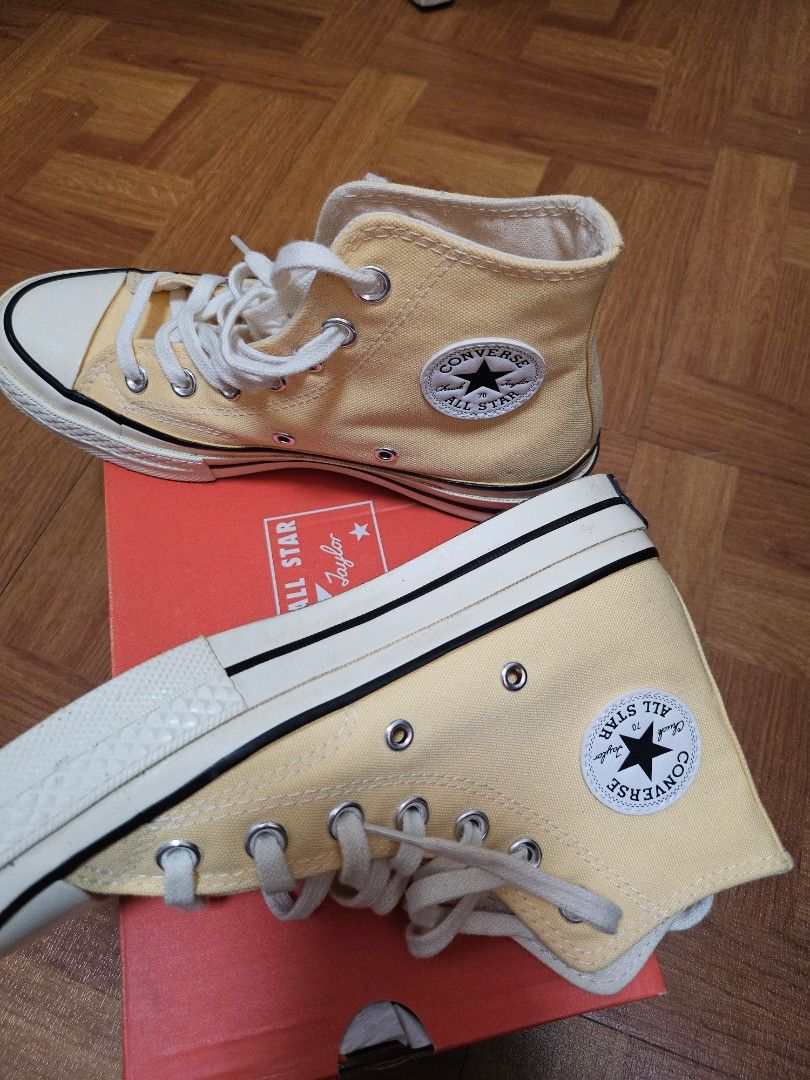Authentic Converse Chuck 70 Hi (Category: Sneakers) located in Calamba. Submitted by pinterestycloset (Listing ID 1452117565, Image 1). Description: Brandnew Converse Chuck 70 Hi color: sunny oasis/ egret unisex size: 23cm not used at all too big for me discount for sure buyer first to pay basis/ no reservations .