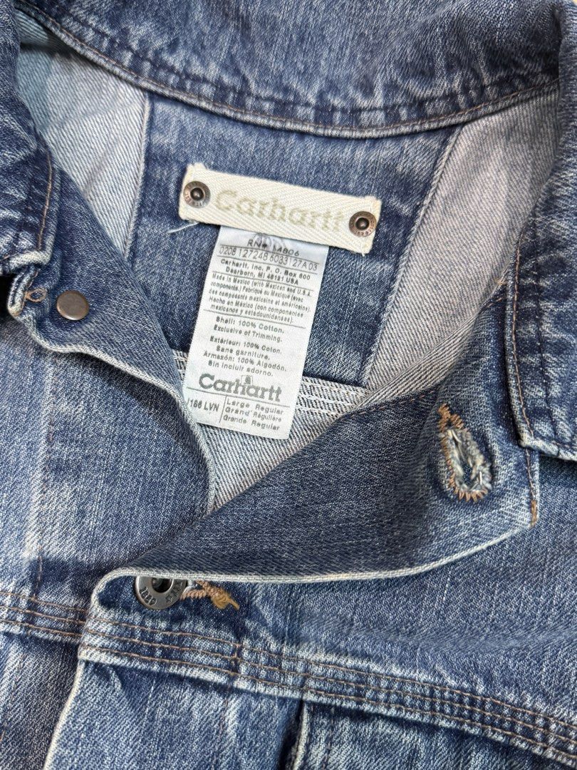 Carhartt Denim Jean Jacket (Category: Coats, Jackets and Outerwear) located in Cebu City. Submitted by aweful.wire (Listing ID 1452221036, Image 3). Description: Carhartt Denim Jean Jacket J1886 LVN W:25” L:26” - Classic blue Carhartt denim jacket - Size: Large - Material: 100% Cotton - Features: Button-up front, two chest pockets - Style: Durable, timeless, great for layering.