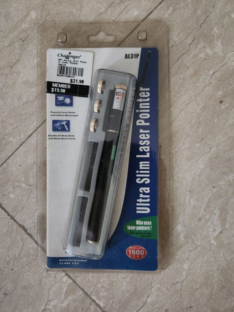 Laser Pointer (Category: Stationery & School Supplies) located in Singapore. Submitted by moving_2026 (Listing ID 1452210628, Image 1). Description: - Ultra slim laser pointer from Challenger (Model: AL31P) - Powerful 660nm red laser beam - Durable all-metal body with matte black finish - Batteries (2 x AAA 1.5V) not included - Ideal for presentations and various other uses.