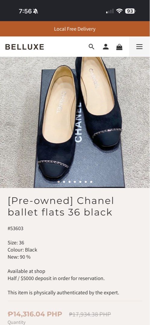 Chanel Black Suede Ballet Flats Size 36 (Category: Flats & Sandals) located in Quezon City. Submitted by chriz_m (Listing ID 1452238916, Image 1). Description: - Pre-owned Chanel ballet flats - Color: Black - Material: Suede - Size: 36 - Design: Classic cap toe with chain detail - Condition: Soles show wear from use - Reservation: Available with a half deposit.