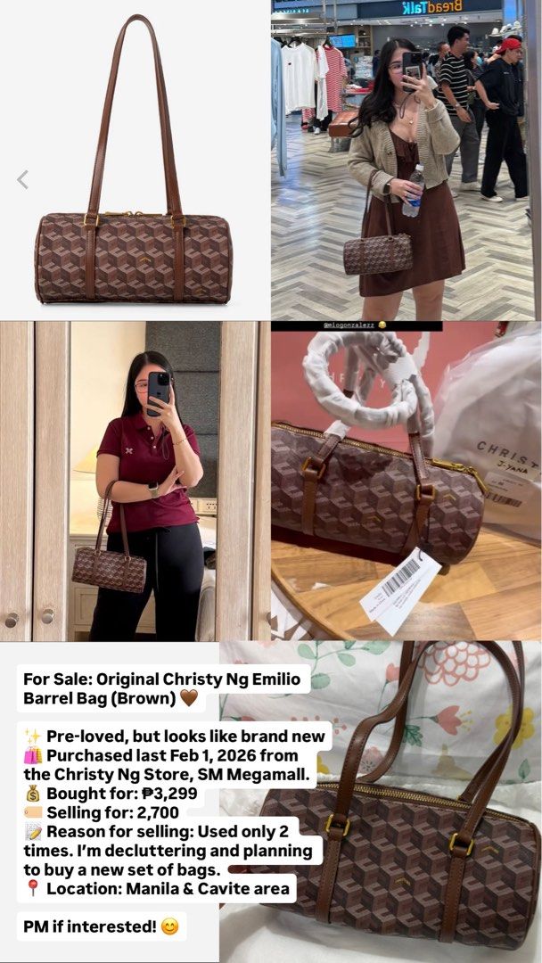 Christy Ng Emilio Shoulder Bag (Category: Shoulder Bags) located in Manila. Submitted by aamvaldez1919 (Listing ID 1452316779, Image 3). Description: For Sale: Original Christy Ng Emilio Barrel Bag (Brown) 🤎 ✨ Pre-loved, but looks like brand new 🛍️ Purchased on February 1, 2026 from the Christy Ng Store, SM Megamall. 💰 Bought for: ₱3,299 🏷️ Selling for: 2,600 📝 Reason for selling: Used only 2 times. I’m decluttering and planning to buy a new