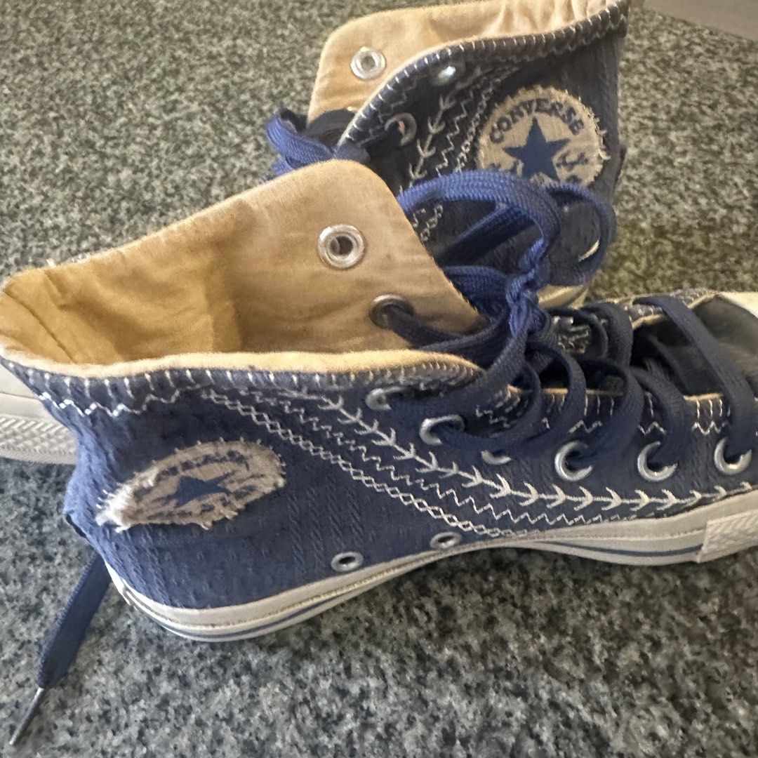 Converse All Star High Top Sneakers Navy Blue (Category: Sneakers) located in Pasig City. Submitted by reigneshop (Listing ID 1452120748, Image 3). Description: - blue Converse high-top sneakers - Unique stitching detail on sides and collar - used - size see pic - in very good condition - declutter .