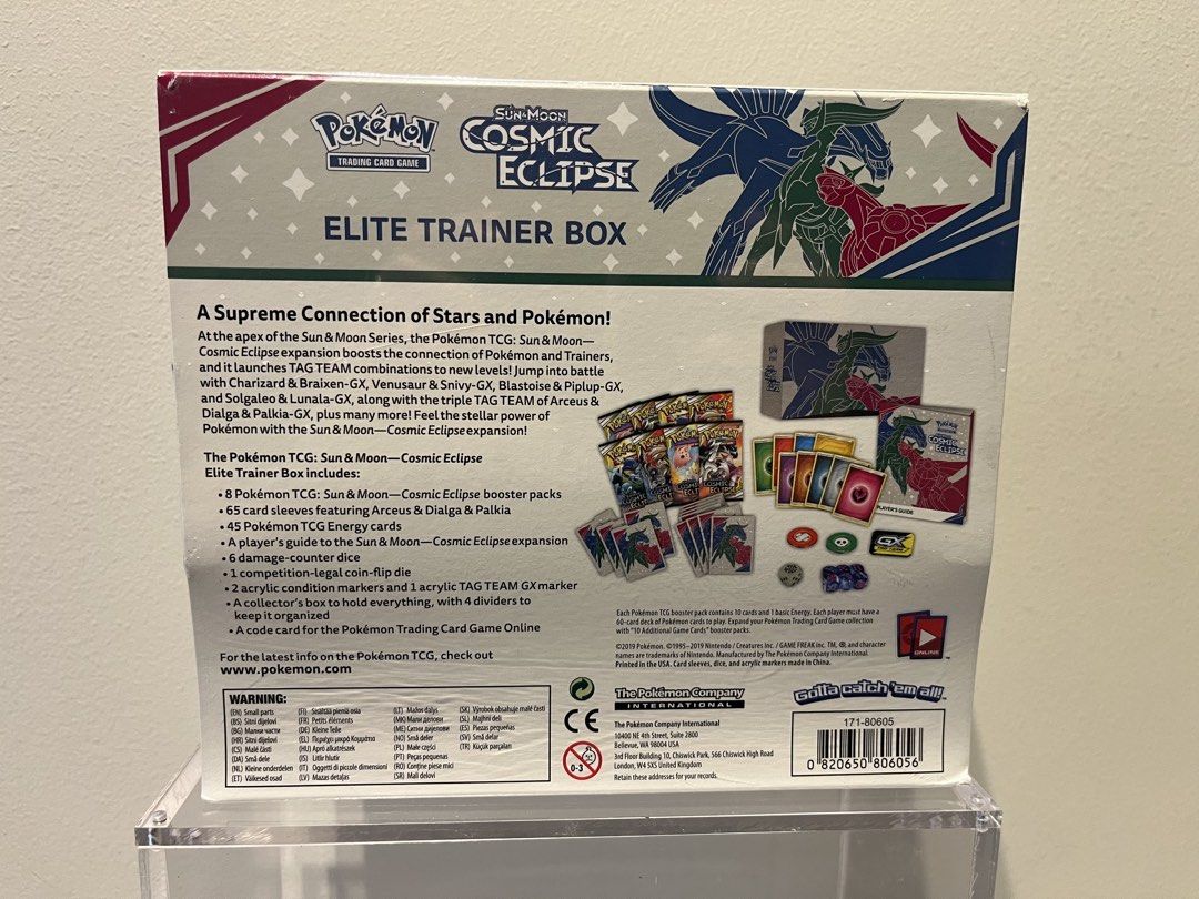 Cosmic Eclipse ETB (Category: Card Boxes & Cases) located in Singapore. Submitted by theyhaveacavetroll (Listing ID 1452245679, Image 2). Description: 2019 Sun & Moon Era • Tag Team Legacy • Iconic Character Rares Letting go of a sealed Cosmic Eclipse ETB, the final main set of the Sun & Moon era (2019). Cosmic Eclipse is widely celebrated for its Tag Team GX cards, Kanto‑rooted duos, and the introduction of Character Rares — a feature that shape