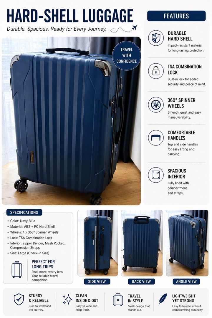 Dark Blue Hardshell Spinner Luggage (Category: Luggage) located in Manila. Submitted by chiiisells_ (Listing ID 1451543499, Image 1). Description: - Dark blue hardshell luggage - Built-in combination lock for security - Four 360° spinner wheels for effortless maneuverability - Sturdy top and side handles for comfortable carrying - Ideal for all your travel needs.