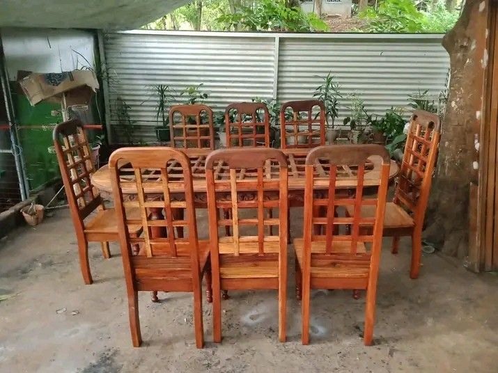 Dining table 8seaters (Category: Tables & Sets) located in Manila. Submitted by carmelites36250 (Listing ID 1452243363, Image 1). Description: Old dining set with clear glasstop (8 seaters) Made of narra wood Newly stripped & varnished Size: Table L80 W36 H32inch Chair L 17W 17 H 17.44.5inch Price: 30,500 set.