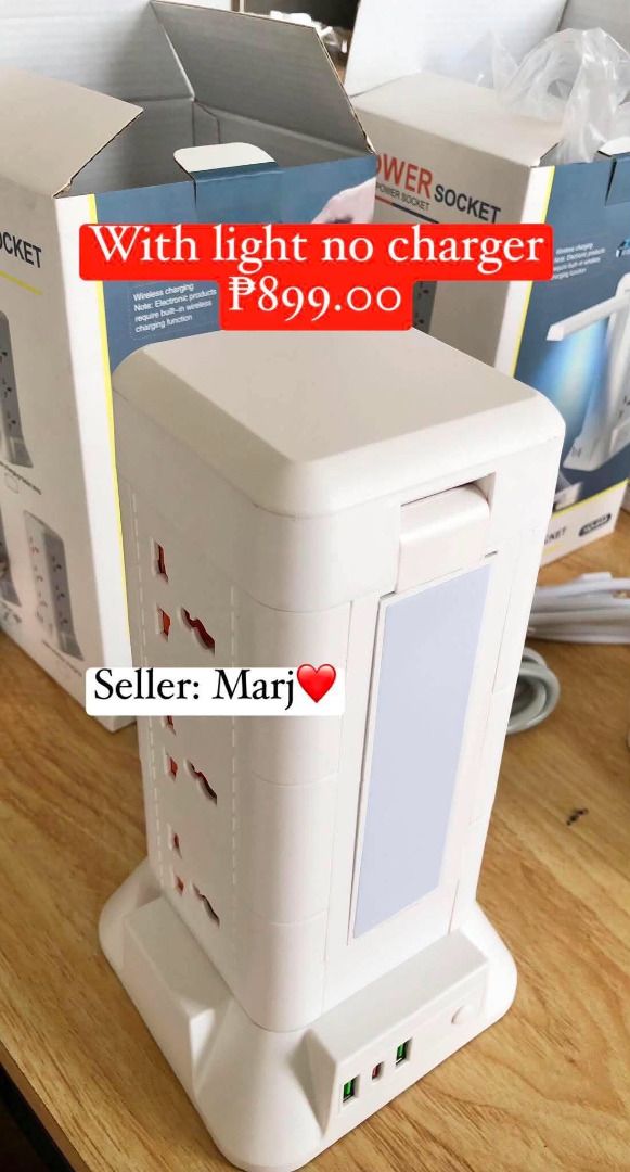 Extension Wires Available Onhand (Brandnew) (Category: Electrical, Adaptors & Sockets) located in Mandaue City. Submitted by marj-legitseller (Listing ID 1452223682, Image 3). Description: - Versatile extension wires and power sockets - Tower design features multiple universal outlets and a built-in light - Wireless charging option available for the tower model - Compact T-shaped adapter with universal outlets and USB ports - All items are brand 
