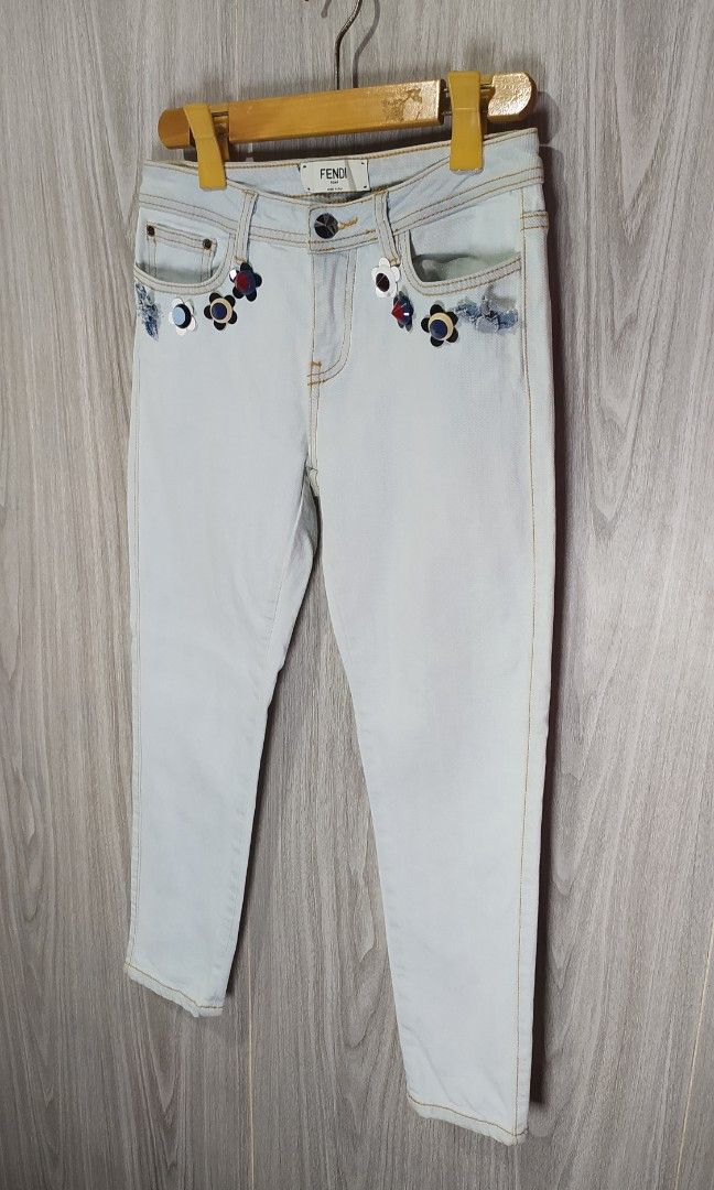 Fendi Flower Studded Denim Jeans (Category: Jeans) located in Milaor. Submitted by lootinout (Listing ID 1452317891, Image 2). Description: Fendi Flower Studded Denim Jeans ✅Size: 40 ✅Waist: 27 ✅Length: 32.5 ✅Hem: 5 ✅Color Rate: 9.5/10 ✅Issue: 2 Missing Flower Studded ✅Need Wash ✅Location: Bicol Naga City, Camarines Sur ✅Courier: J&T Express/Flash Express ✅MOP: Gcash only.