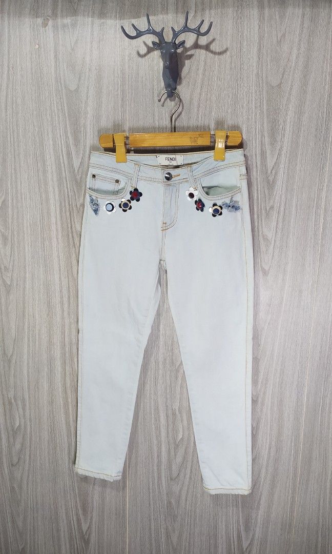 Fendi Flower Studded Denim Jeans (Category: Jeans) located in Milaor. Submitted by lootinout (Listing ID 1452317891, Image 1). Description: Fendi Flower Studded Denim Jeans ✅Size: 40 ✅Waist: 27 ✅Length: 32.5 ✅Hem: 5 ✅Color Rate: 9.5/10 ✅Issue: 2 Missing Flower Studded ✅Need Wash ✅Location: Bicol Naga City, Camarines Sur ✅Courier: J&T Express/Flash Express ✅MOP: Gcash only.