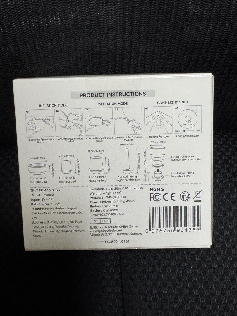 Flextail Tiny Pump (Category: Travel Essentials & Accessories) located in Singapore. Submitted by michelle_79 (Listing ID 1452235409, Image 2). Description: Brand new, sealed set. https://www.outdoorlife.com.sg/flextail-tiny-pump-x-2024.html.