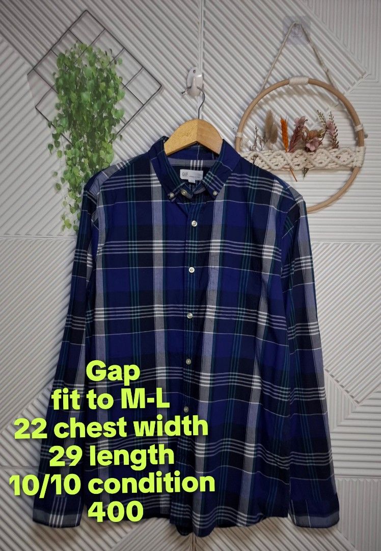 GAP Men's Plaid Long Sleeve Button Down Shirt M-L (Category: Sets & Coordinates) located in Bulacan. Submitted by cathycampo51092 (Listing ID 1452263708, Image 2). Description: GAP long sleeve shirt. Classic plaid pattern in blue, green, and white. Button-down style. Fits M-L. Chest width is 22 inches, length is 29 inches. Great shirt for casual wear..