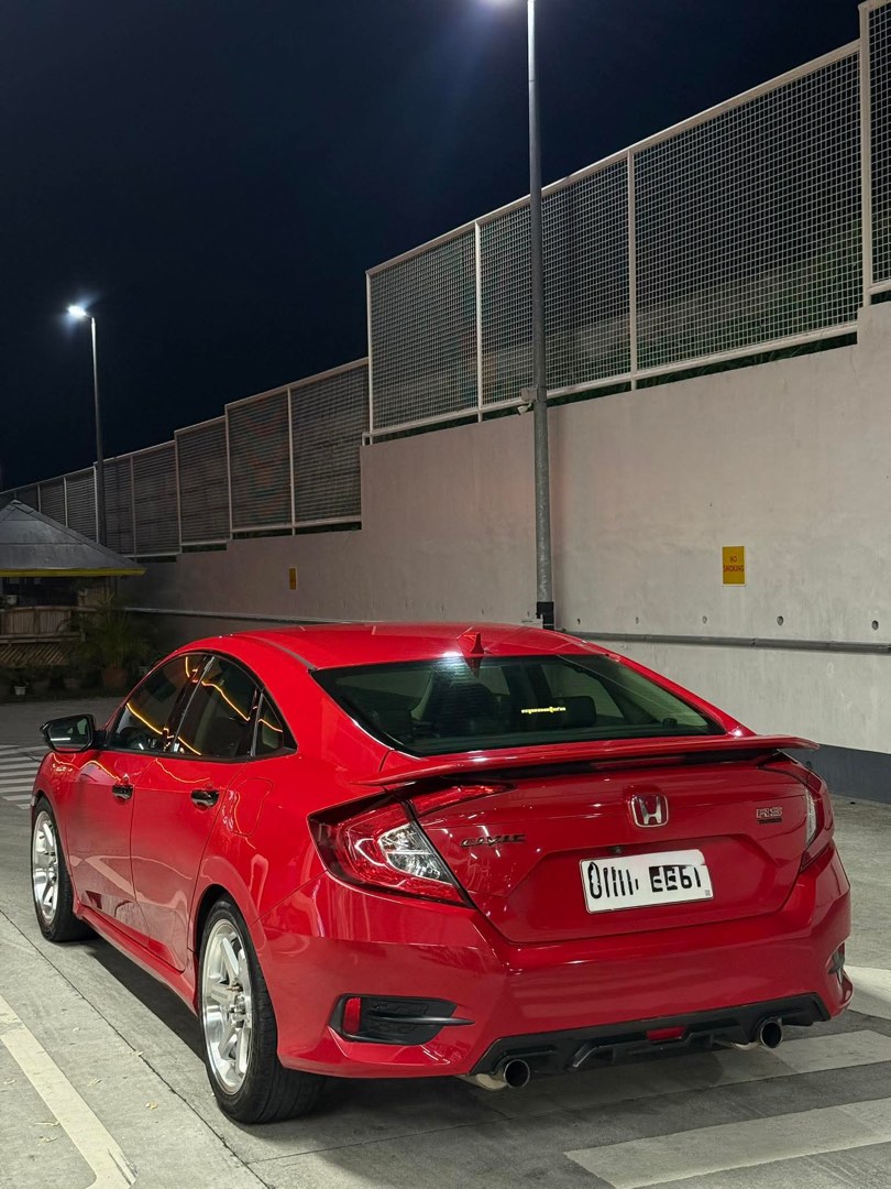 Honda Civic RS Turbo Auto (Category: Used Cars) located in Manila. Submitted by ady.jpg (Listing ID 1452205364, Image 2). Description: 2017 Honda Civic RS turbo 50k+ odo only orig not tampered Total upgrades ng unit! Lowered suspension New set of Mags and tires Trunk Subwoofer Engine strut bar Brand new amaron battery Underglow Installed (Red) Full exhaust system Mitsuba Arena 3 installed No history of accident No history of flood No HPG alarms a