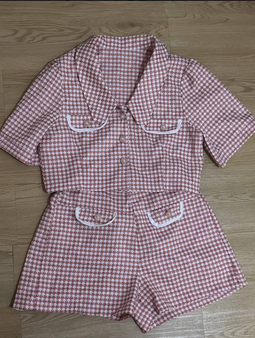 Houndstooth Tweed Collared Top and Shorts Set (Category: Sets or Coordinates) located in Makati City. Submitted by _rentorbuy (Listing ID 1452214617, Image 2). Description: - Houndstooth print, tweed fabric set - Includes cropped jacket and matching shorts - White trim and pearl button details - Perfect for a chic and stylish look.