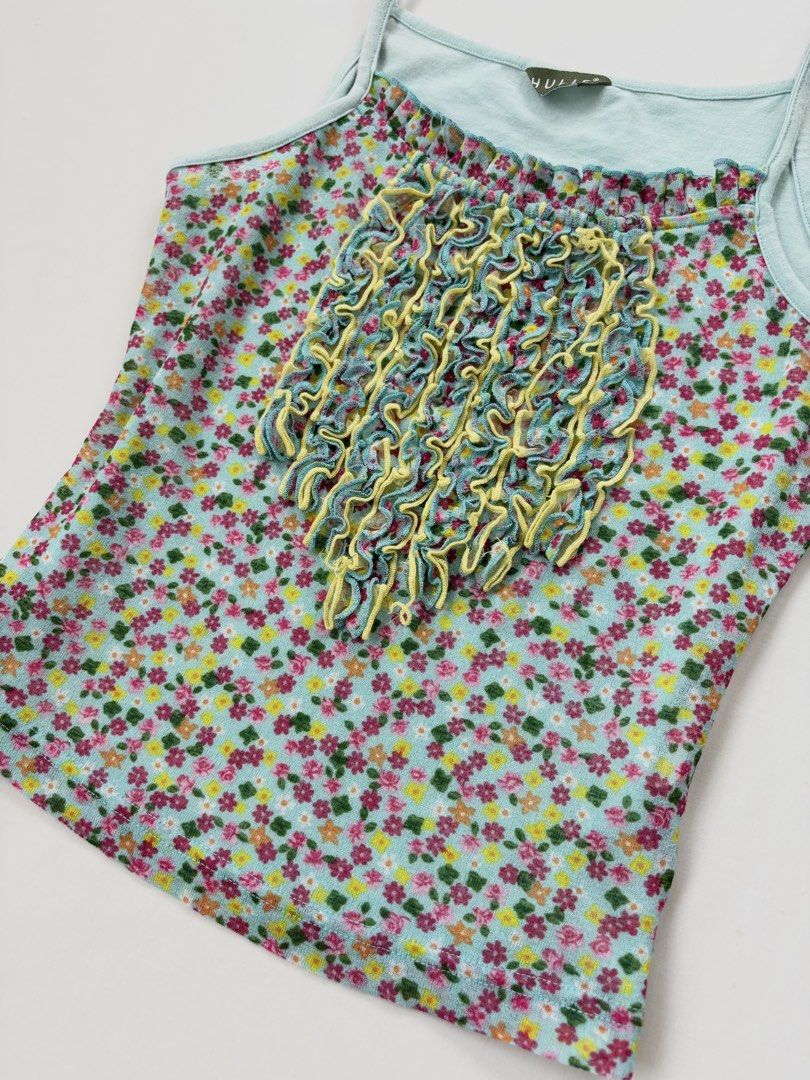 HULIE floral ruffle spaghetti strap tank top (Category: Sleeveless) located in Pateros City. Submitted by threadedtogether (Listing ID 1452317801, Image 3). Description: best fits: xs-s | b up to 35 ✿ sheer mesh at the front ✿ polyester fabric *see last pic for discoloration at the back and 1 loose yellow thread at the front [model size s-m | b33” | w28” | h37” | h5’1” ] 💌 dm for questions and additional measurements 📦 J&T or SDD ⭐ first to pay
