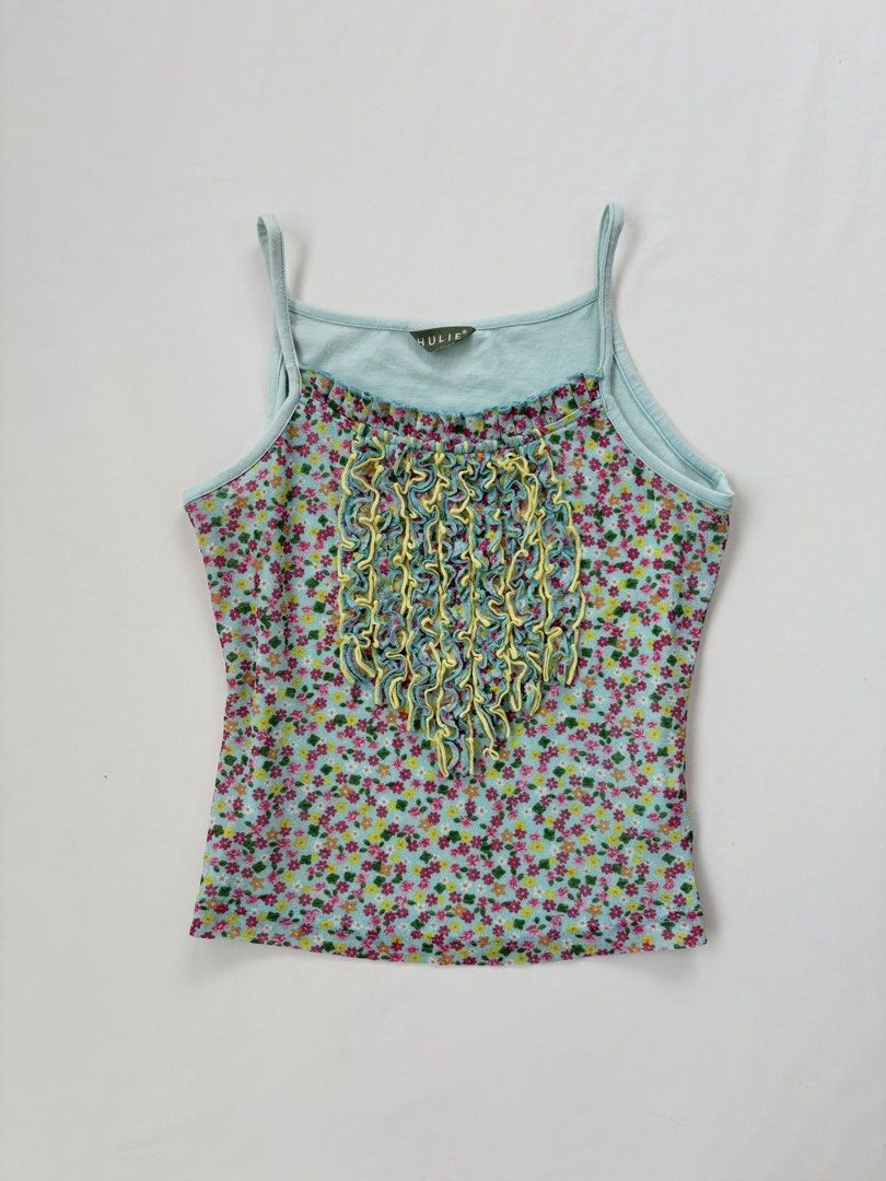 HULIE floral ruffle spaghetti strap tank top (Category: Sleeveless) located in Pateros City. Submitted by threadedtogether (Listing ID 1452317801, Image 1). Description: best fits: xs-s | b up to 35 ✿ sheer mesh at the front ✿ polyester fabric *see last pic for discoloration at the back and 1 loose yellow thread at the front [model size s-m | b33” | w28” | h37” | h5’1” ] 💌 dm for questions and additional measurements 📦 J&T or SDD ⭐ first to pay