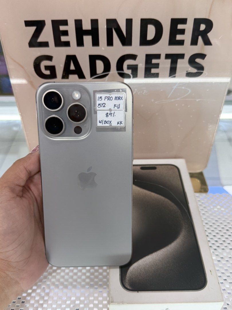 iPhone 15 PRO MAX 512GB OPENLINE (NTC APPROVED) (Category: iPhone 15 Series) located in San Juan City. Submitted by desireebayal96 (Listing ID 1452225984, Image 1). Description: iPhone 15 Pro Max (Natural Titanium) * 512GB * OPENLINE (ANY SIM) * NTC APPROVED * 89% BH (ORIGINAL CAN CHECK 3UTOOLS) * 99% SMOOTH * NO DENTS * NO ISSUE * NO HISTORY OF REPAIR * NO ICLOUD ISSUE * NOT REFURBISHED * FACE ID & TRUETONE WORKING * WITH CORD TYPE-C * WITH BOX 