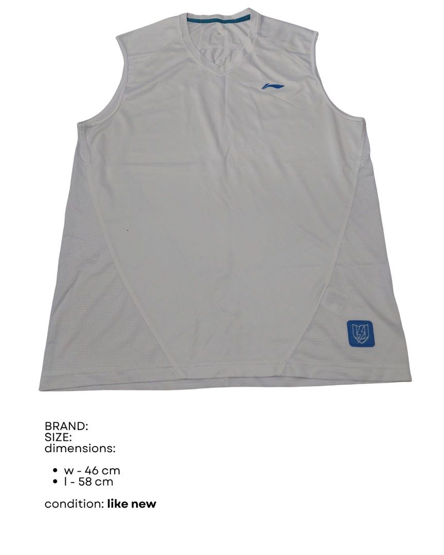 Li-Ning White Sleeveless Athletic Shirt (Category: Sleeveless) located in Quezon City. Submitted by _ysxh (Listing ID 1452140259, Image 1). Description: - White Li-Ning sleeveless shirt - Ideal for sports or casual wear - Features mesh paneling on sides for breathability - Measurements: 46cm width, 58cm length.