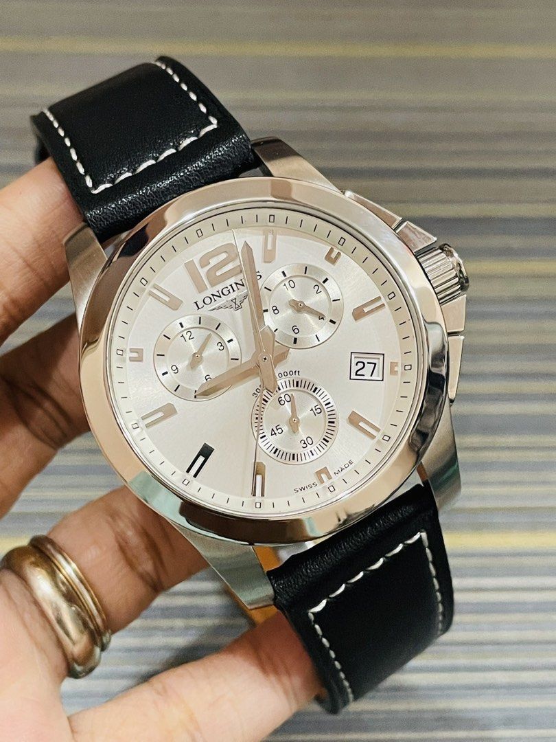 Longines Conquest Chronograph Mens (Category: Luxury Watches) located in Paranaque City. Submitted by robertsoon.08 (Listing ID 1452280621, Image 2). Description: Longines Conquest Chronograph Mens L3.660.4 Swiss Quartz Movement 41mm bezel; 45mm including crown Original buckle with new leather strap aftermarket Good running condition Preloved used watch Authentic/Original Watch only!! with provided box ordinary.
