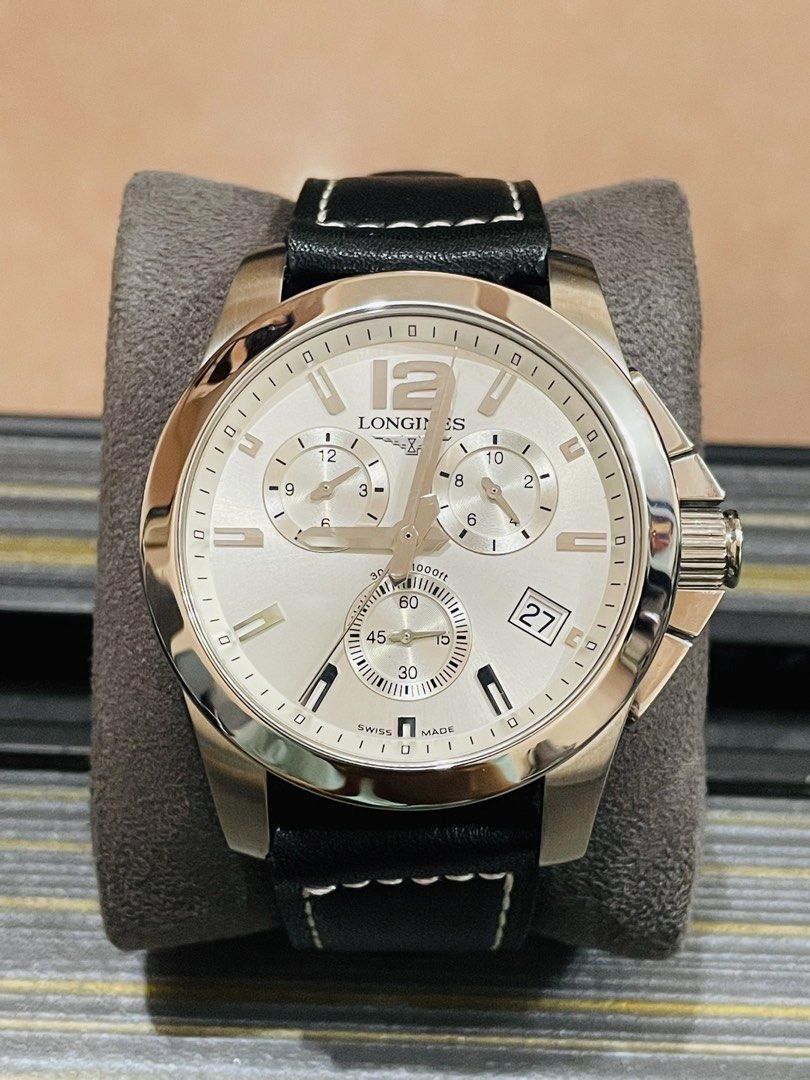 Longines Conquest Chronograph Mens (Category: Luxury Watches) located in Paranaque City. Submitted by robertsoon.08 (Listing ID 1452280621, Image 1). Description: Longines Conquest Chronograph Mens L3.660.4 Swiss Quartz Movement 41mm bezel; 45mm including crown Original buckle with new leather strap aftermarket Good running condition Preloved used watch Authentic/Original Watch only!! with provided box ordinary.