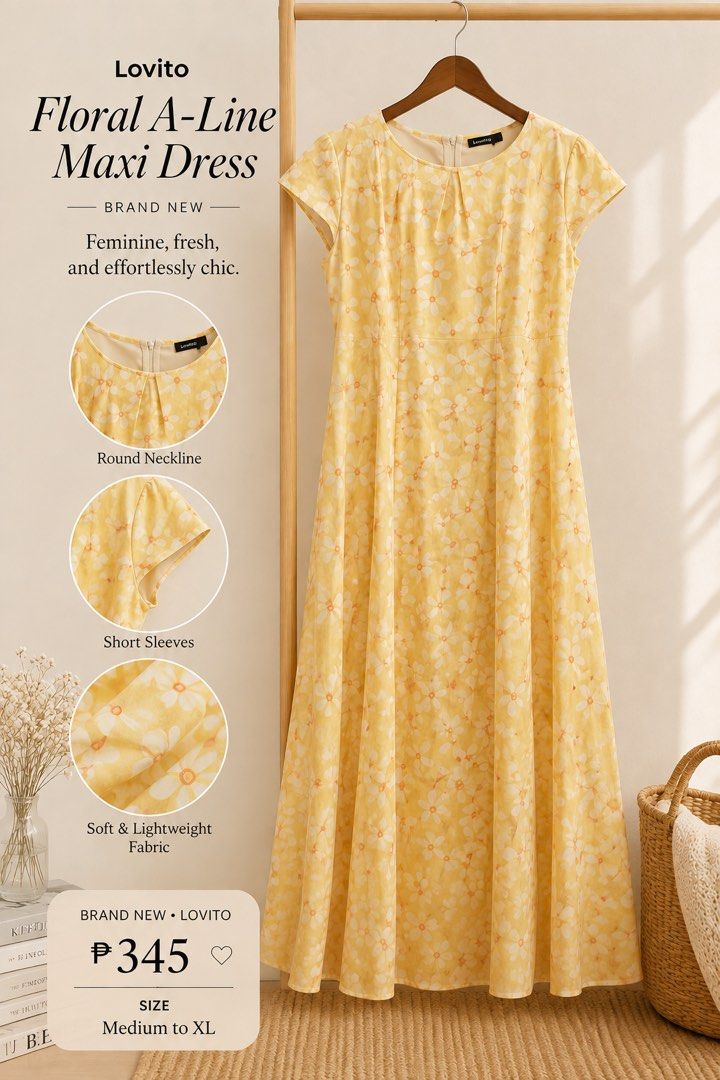 Lovito Floral A-Line Maxi Dress (Category: Dresses) located in Quezon City. Submitted by airarack_drafts (Listing ID 1452232178, Image 1). Description: - Brand: Lovito - Style: A-line Maxi Dress - Color/Pattern: Yellow Floral - Neckline: Round - Sleeves: Short - Fabric: Soft and Lightweight - Vibe: Feminine, Fresh, Effortlessly Chic - Occasion: Casual Wear.