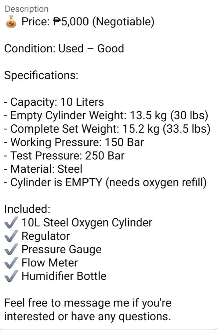 Medical Oxygen Cylinder with Flow Meter and Regulator (Category: Medical Supplies & Tools) located in General Trias. Submitted by sssean143 (Listing ID 1452197752, Image 3). Description: - Green medical oxygen cylinder - Includes flow meter and regulator for controlled oxygen delivery - Flow meter with clear adjustment markings - Attached pressure gauge - Need to refill - Please check photos for details.