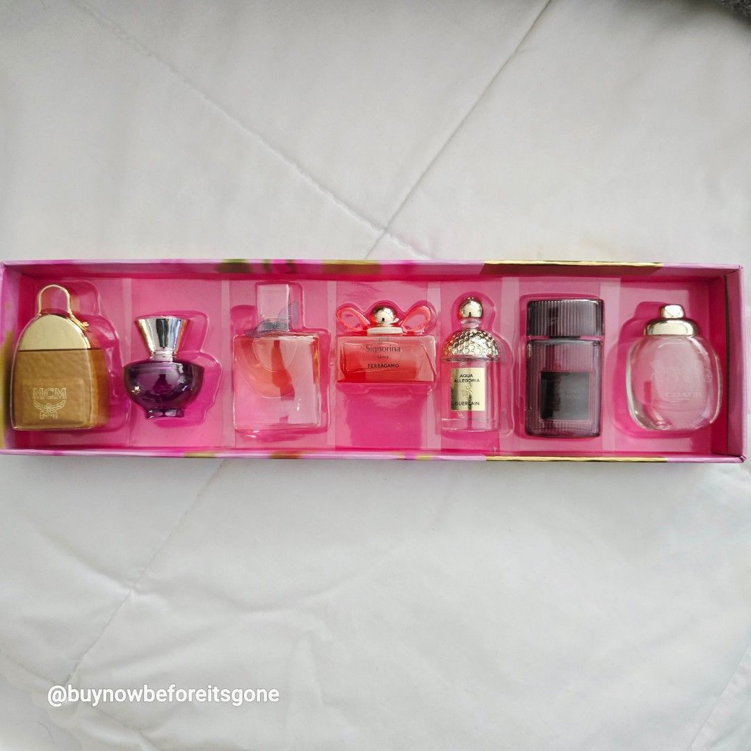 Miniature Perfume Set - MCM, Ferragamo, Guerlain, Coach & More (Category: Fragrance & Deodorants) located in Bulacan. Submitted by bnbig (Listing ID 1452301411, Image 2). Description: - Set of miniature perfumes - Includes MCM, Salvatore Ferragamo Signorina, Guerlain Aqua Allegoria, Coach, Tom Ford, Lancome - Ideal for travel or sampling different fragrances - All bottles are small and cute - Sold as a complete set.
