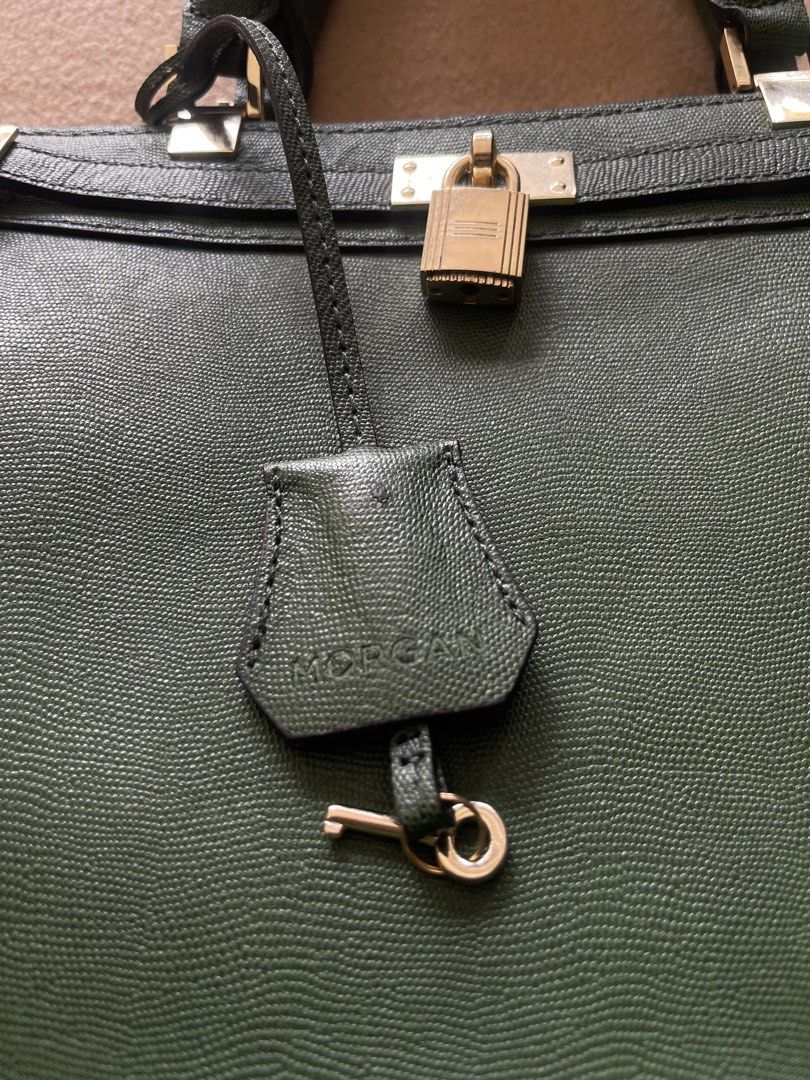 MORGAN Green Leather-Feel 2-Way Lock Top Handle Bag (Category: Shoulder Bags) located in Imus. Submitted by cheratedfinds (Listing ID 1452312421, Image 2). Description: MORGAN Paris 2-Way Satchel / Tote in Emerald Green. - Brand: Morgan (Paris) - Color: Emerald / Dark Olive Green - Style: 2-Way Bag (Top Handle + Crossbody Sling) - Features: Front padlock & clochette key, detachable long strap, secure inner zip pocket, structured base, gold-tone h
