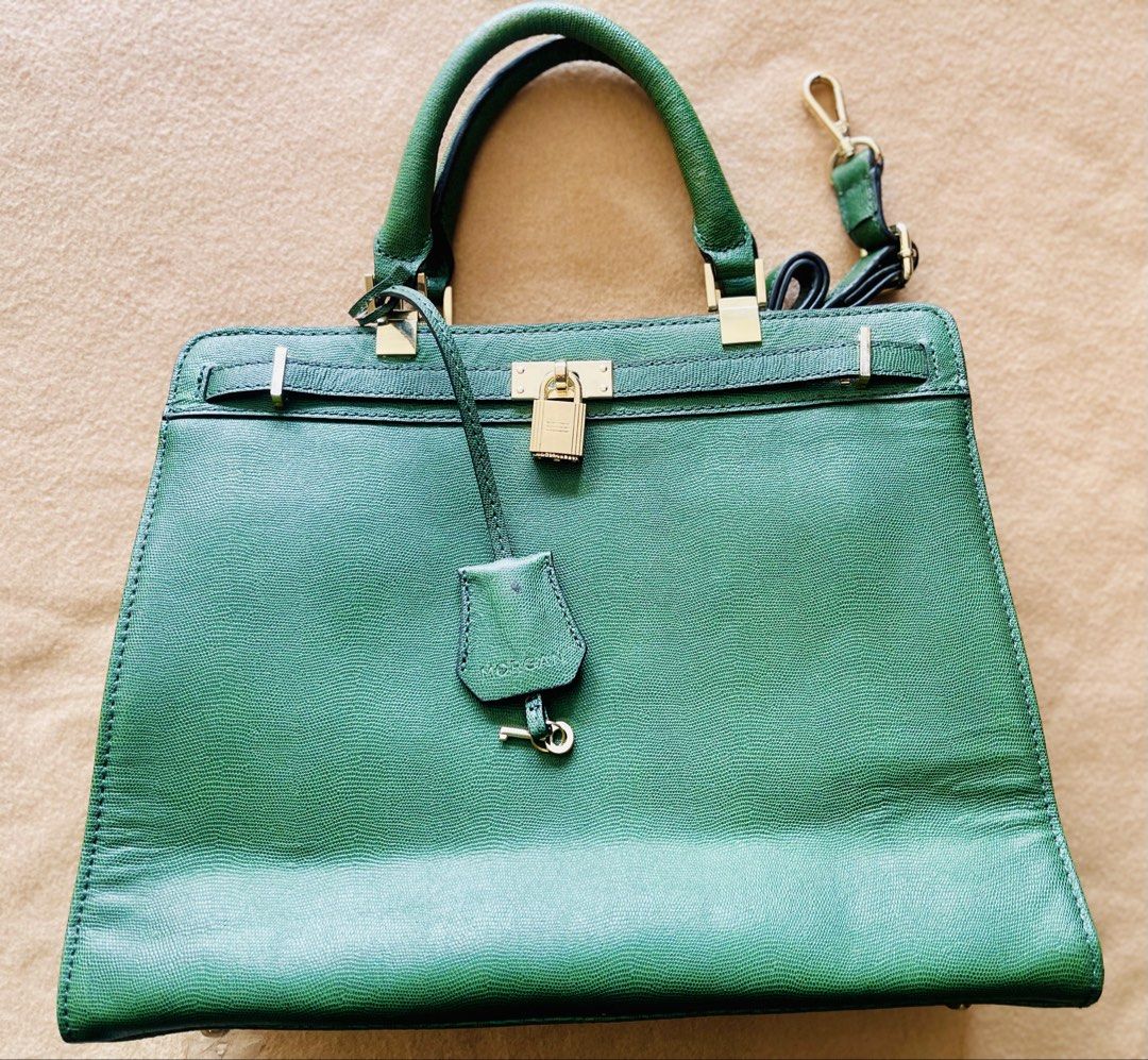 MORGAN Green Leather-Feel 2-Way Lock Top Handle Bag (Category: Shoulder Bags) located in Imus. Submitted by cheratedfinds (Listing ID 1452312421, Image 1). Description: MORGAN Paris 2-Way Satchel / Tote in Emerald Green. - Brand: Morgan (Paris) - Color: Emerald / Dark Olive Green - Style: 2-Way Bag (Top Handle + Crossbody Sling) - Features: Front padlock & clochette key, detachable long strap, secure inner zip pocket, structured base, gold-tone h
