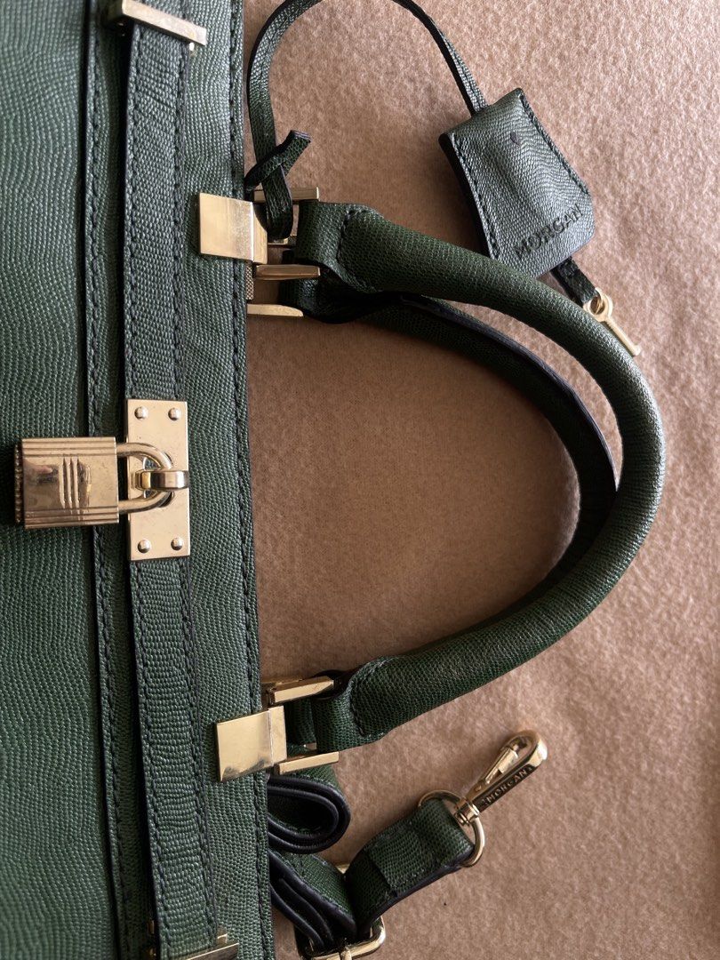 MORGAN Green Leather-Feel 2-Way Lock Top Handle Bag (Category: Shoulder Bags) located in Imus. Submitted by cheratedfinds (Listing ID 1452312421, Image 3). Description: MORGAN Paris 2-Way Satchel / Tote in Emerald Green. - Brand: Morgan (Paris) - Color: Emerald / Dark Olive Green - Style: 2-Way Bag (Top Handle + Crossbody Sling) - Features: Front padlock & clochette key, detachable long strap, secure inner zip pocket, structured base, gold-tone h