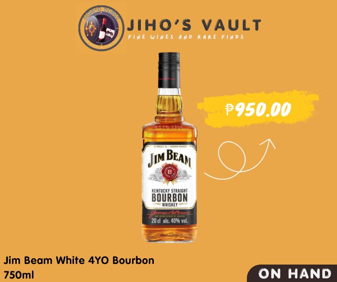 [ONHAND] Jim Beam White 4YO Bourbon 750ml (Category: Beverages) located in Pasig City. Submitted by jihosvault (Listing ID 1452205743, Image 1). Description: 🍷 ₱950.00 (1 stock left) (1 bottle only for J&T shipping) #JIHOSVAULT #JIHOCELLAR.