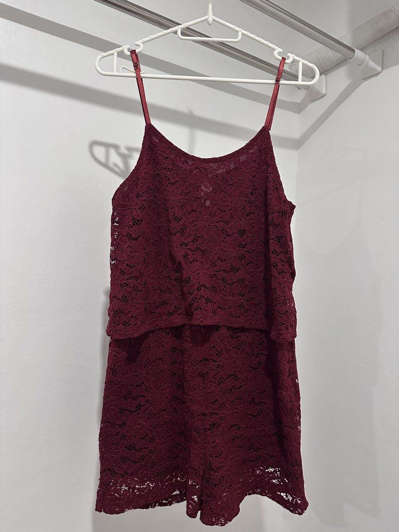 Petit Monde Paris Lace Romper Burgundy (Category: Rompers) located in Quezon City. Submitted by letayuuu (Listing ID 1452275698, Image 1). Description: - Burgundy lace romper by Petit Monde Paris - Features delicate spaghetti straps - Layered top design with comfortable shorts - Ideal for a night out or a special occasion - Combines comfort and style.