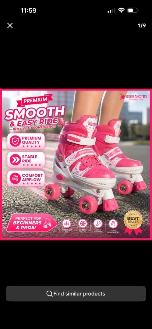 Pixee Planets Pink Smooth & Easy Ride Roller Skates (Category: Skates, Rollerblades & Scooters) located in Guagua. Submitted by annie12141986 (Listing ID 1452291402, Image 1). Description: - Premium pink roller skates from Pixee Planets - Designed for a smooth and easy ride, suitable for beginners and pros - Features premium quality, stable ride, and comfort airflow - Adjustable size for a perfect fit - Smooth rolling wheels for effortless glidin