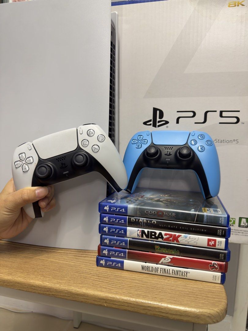 PS5 Phat 825gb with 2 controllers and 6 PS4 games + box (Category: PlayStation) located in Pasig City. Submitted by robbiseraphin (Listing ID 1452317700, Image 2). Description: 🎮 Selling: PS5 Phat 825gb Disc version with 2 dualsense controllers and 6 PS4 games + box ✅ Inclusives: - PS5 Phat 825gb (never been opened or repaired) - latest firmware - 2 dualsense controllers (white and light blue) - 6 PS4 games (can swap for other ps4 games na avail